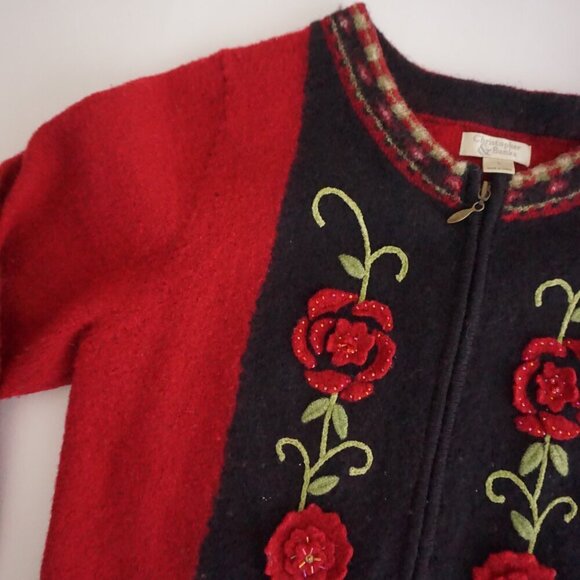 Vintage Christopher Banks Red Knit Floral Beaded 100% Wool Zip Up Sweater L - Picture 6 of 12